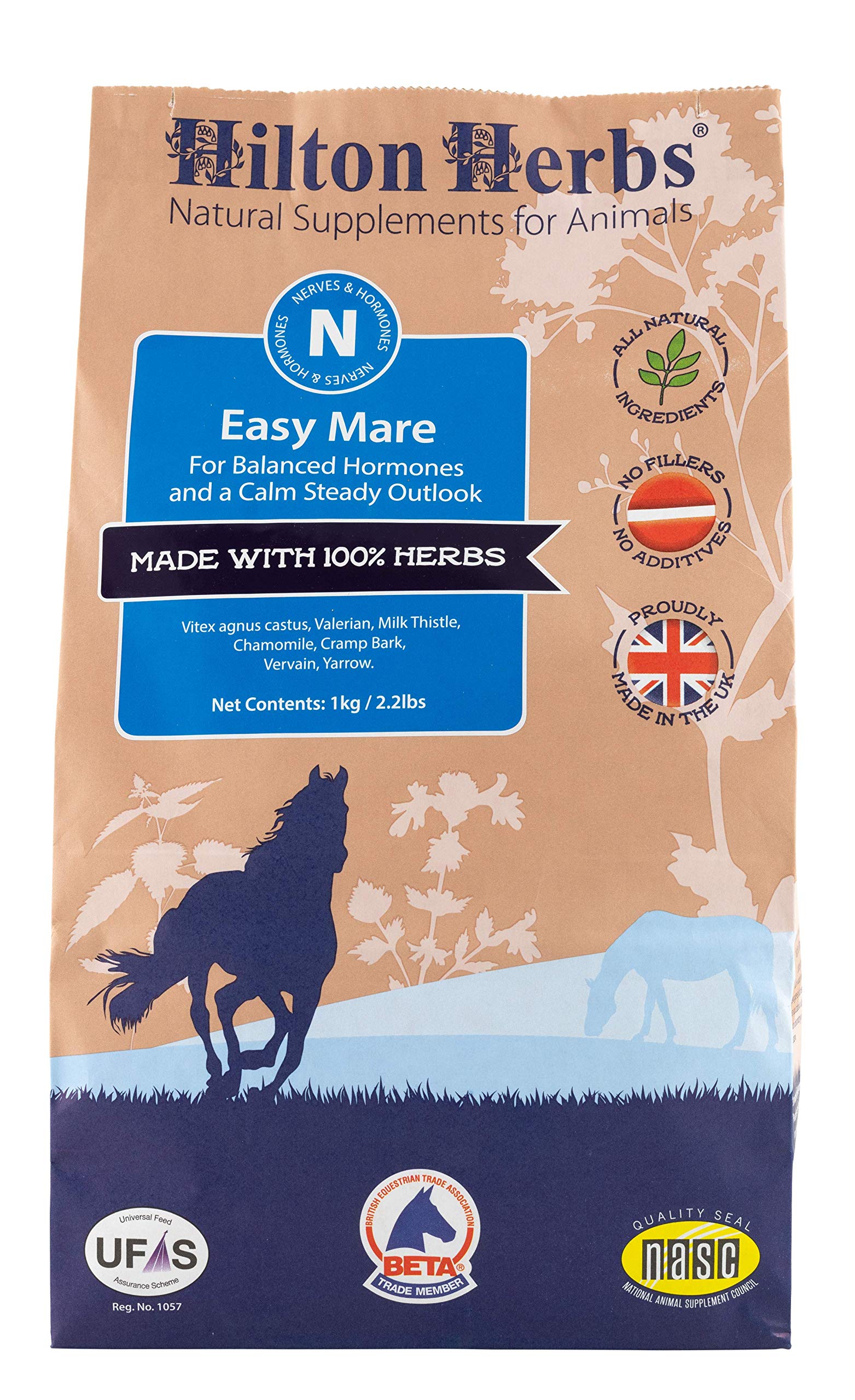 Hilton Herbs Easy Mare bottle label highlighting balanced hormones for calmer mares.