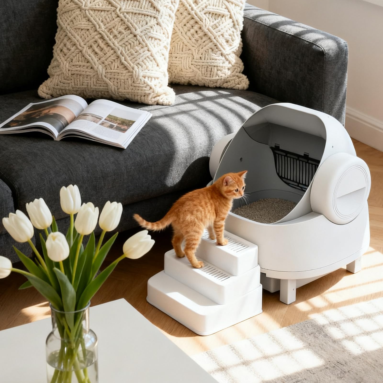 Himake adjustable cat ramp fit-automatic-litter-box shows compatibility with automatic boxes.