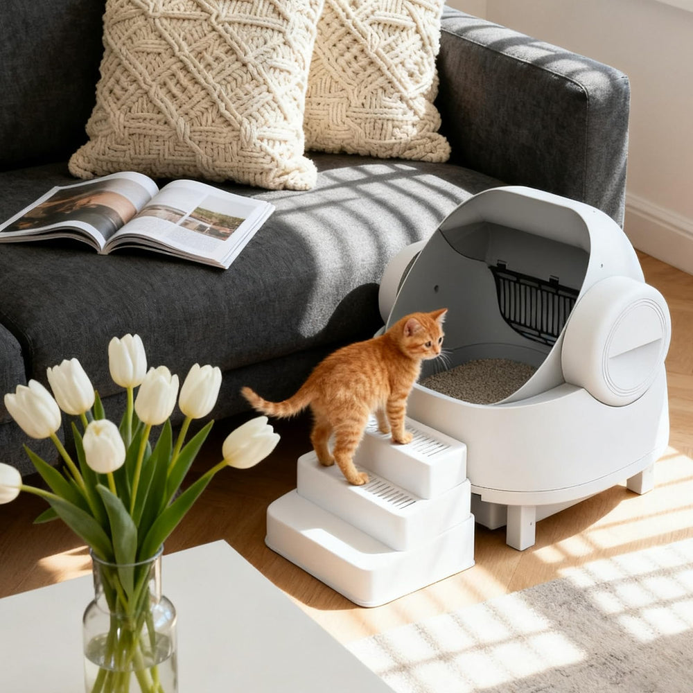 Himake adjustable cat ramp fit-automatic-litter-box shows compatibility with automatic boxes.