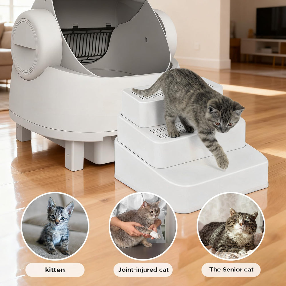 Himake adjustable cat ramp litter-catching-grid captures litter from paws.