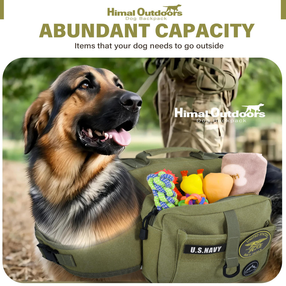 Himal Outdoors dog backpack dimensions illustrate neck and chest ranges for large dogs.