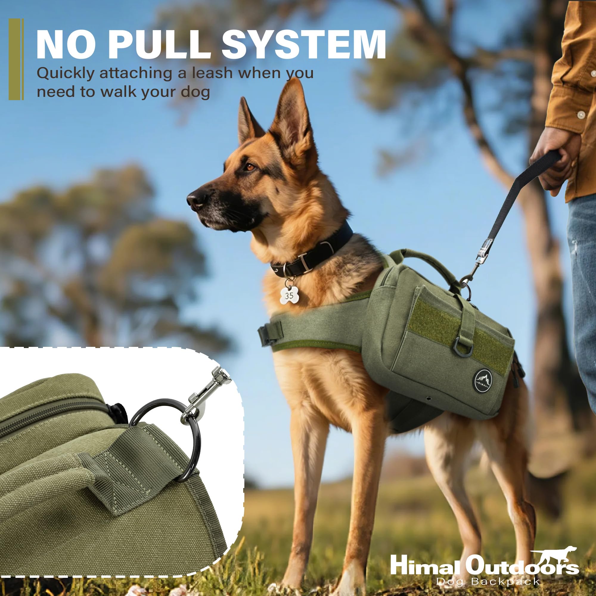 Himal Outdoors dog backpack side pockets store water, treats, and toys during adventures.