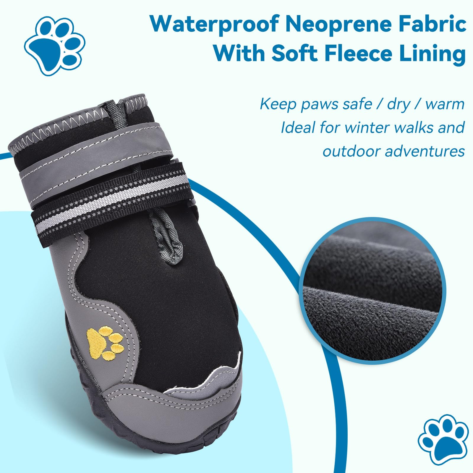 Hipaw dog booties waterproof material closeup highlights neoprene and fleece lining