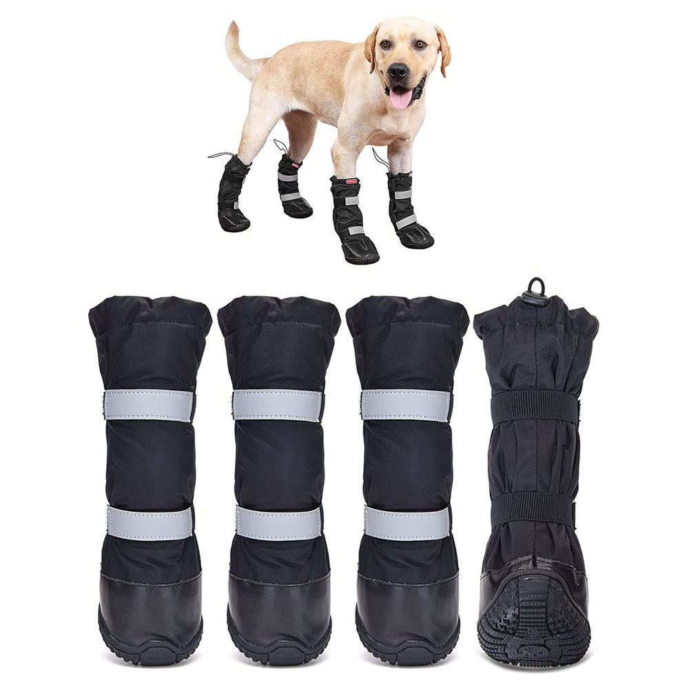 Hipaw waterproof dog boots in winter snow provide warmth and rain protection on walks.