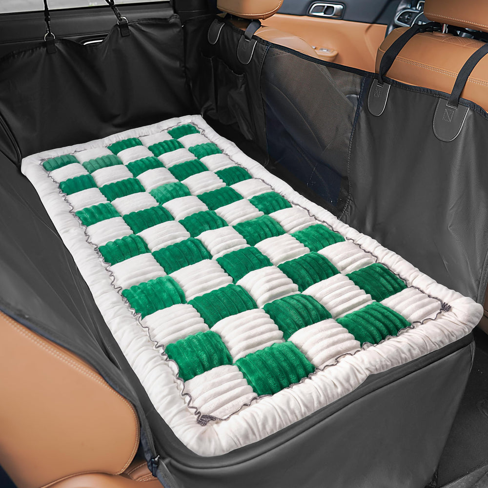 HiPetpy Backseat Bed Mat full backseat in green and white offers roomy travel comfort.