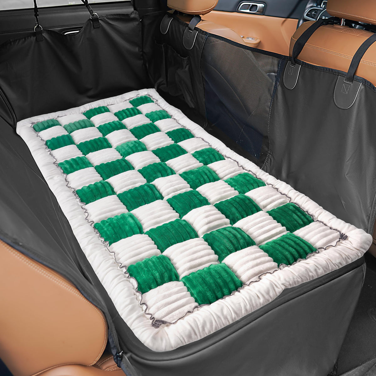 HiPetpy Backseat Bed Mat full backseat in green and white offers roomy travel comfort.