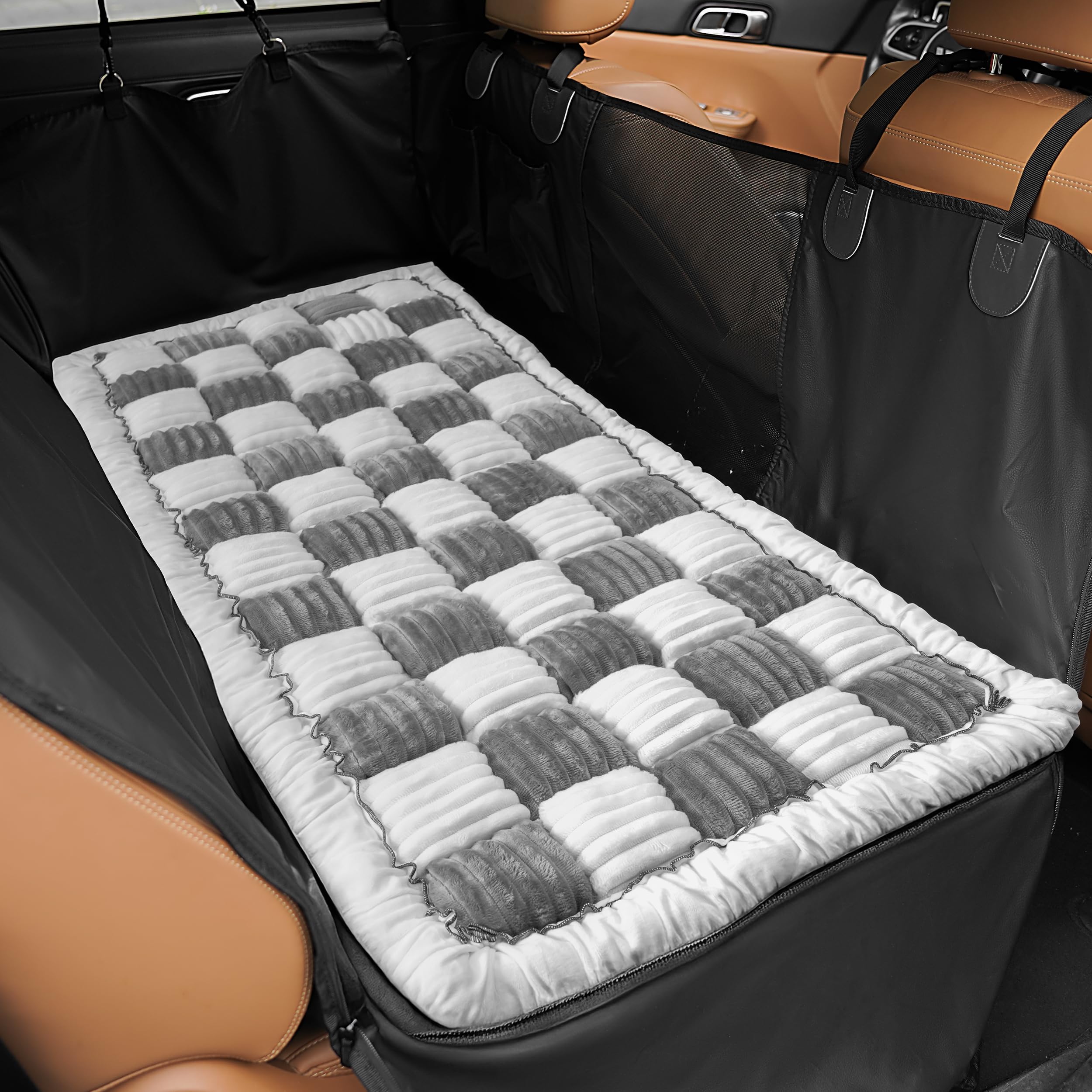 HiPetpy backseat dog bed mat front view with plush comfort for long car rides.