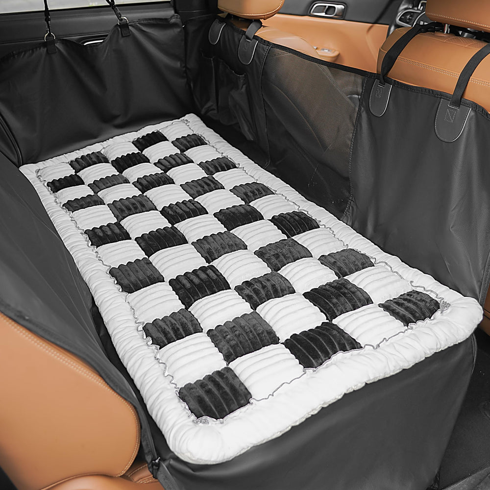 HiPetpy backseat dog bed mat in car creates a cozy travel space for pets.