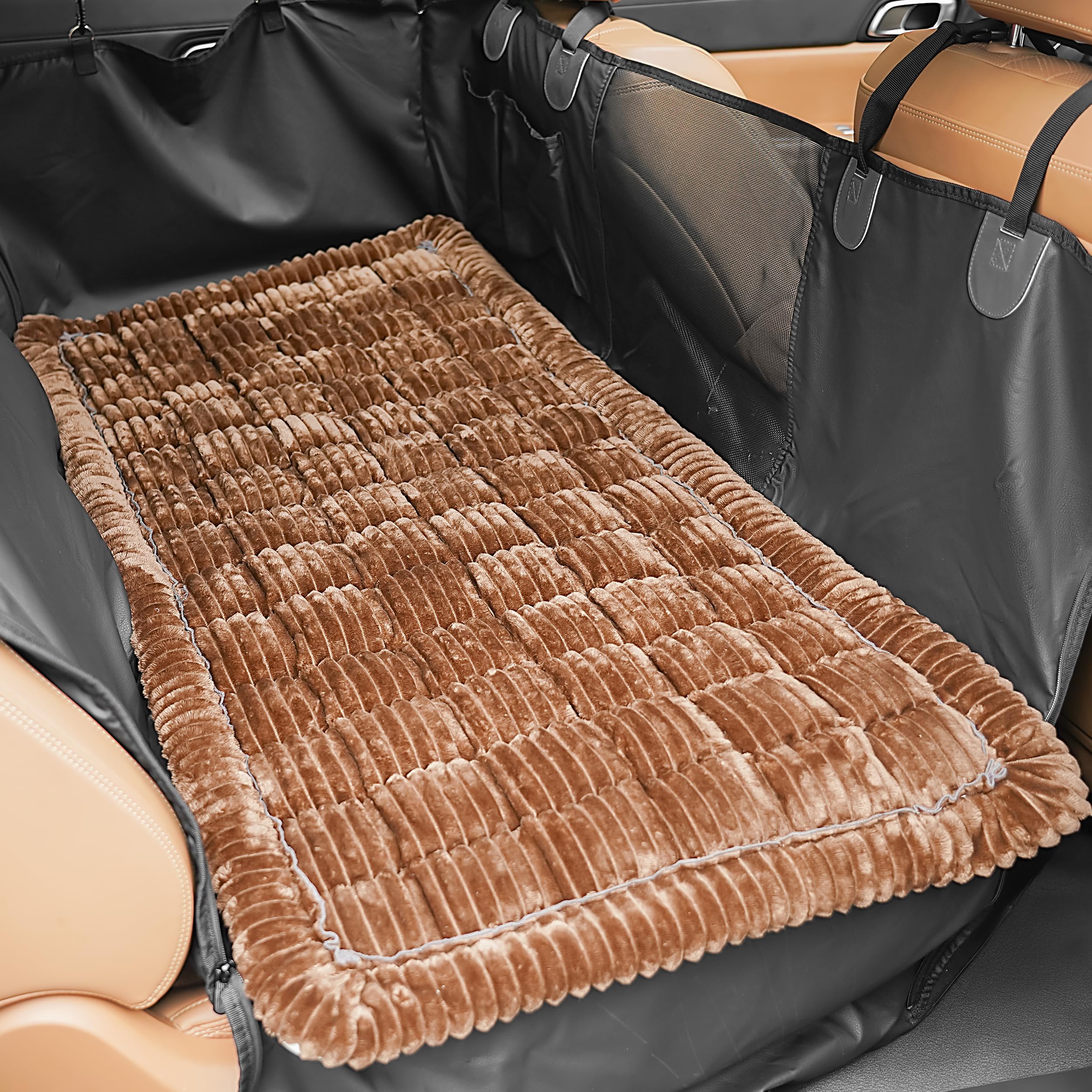 HiPetpy backseat dog bed mat in car with silicone backing keeps seat secure.