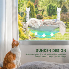 HiPetpy reversible-fabric window perch transitions between winter warmth and summer breathability