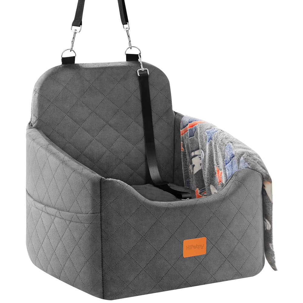 HiPetpy dog car seat with elevated view for calmer rides around scenery.