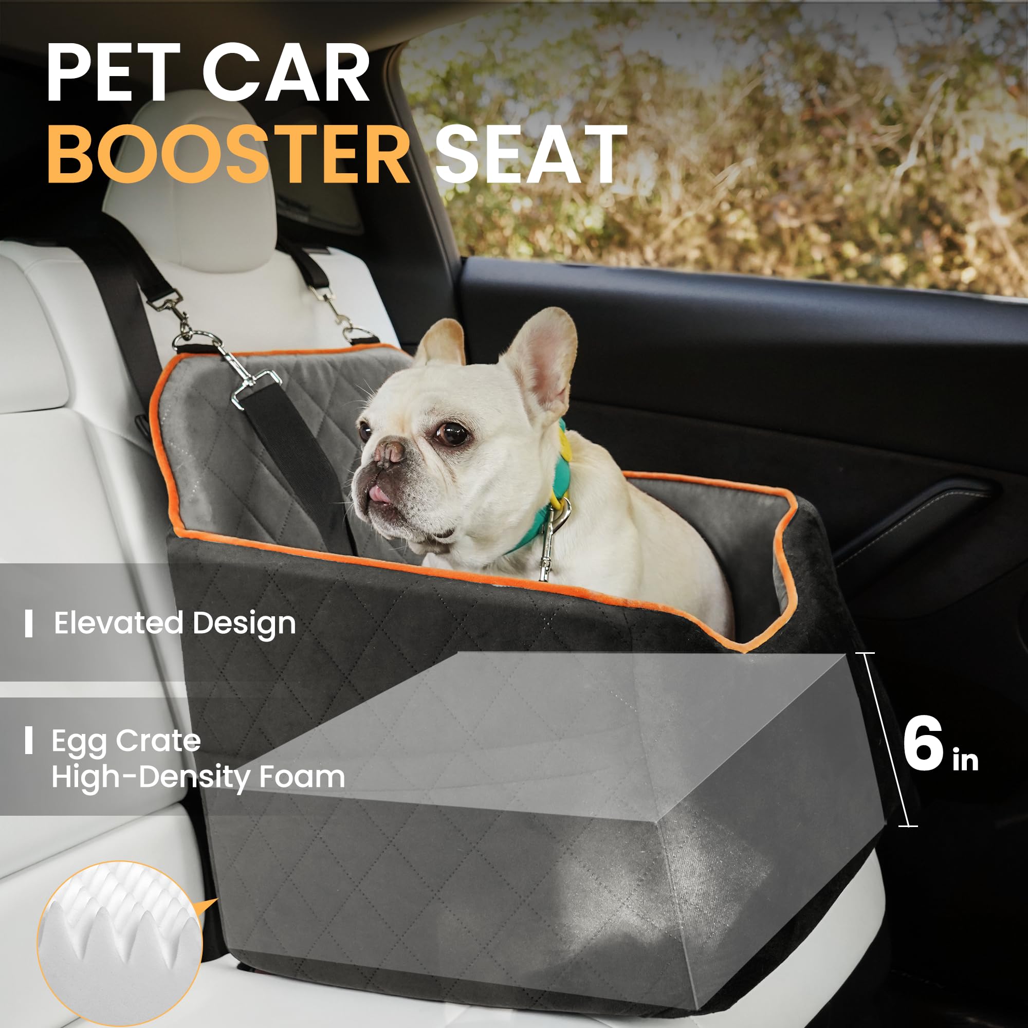 HiPetpy dog car seat shows adjustable safety leash for secure travel.