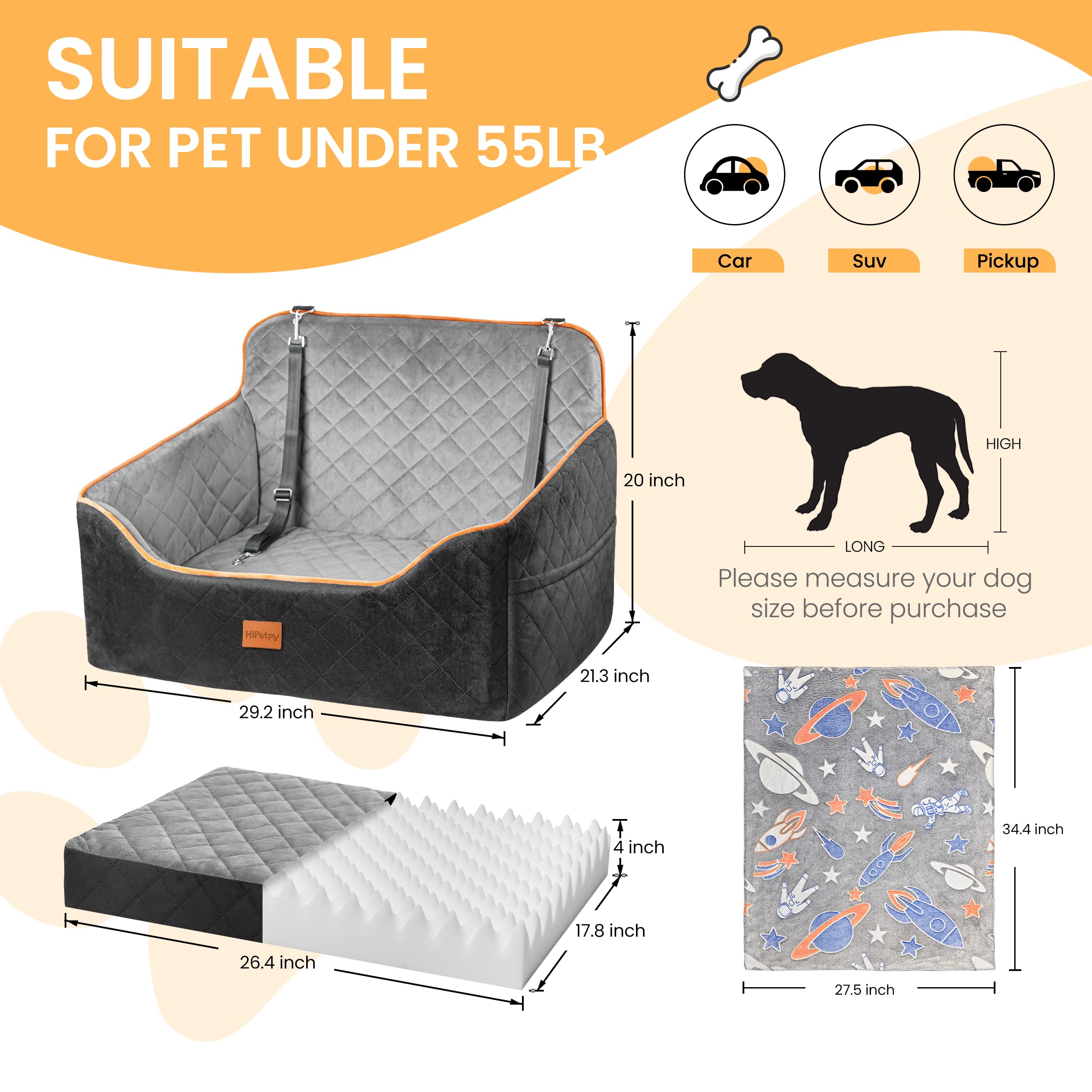 HiPetpy car seat fits front or back seat for flexible travel setup.
