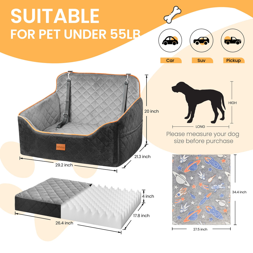 HiPetpy car seat fits front or back seat for flexible travel setup.