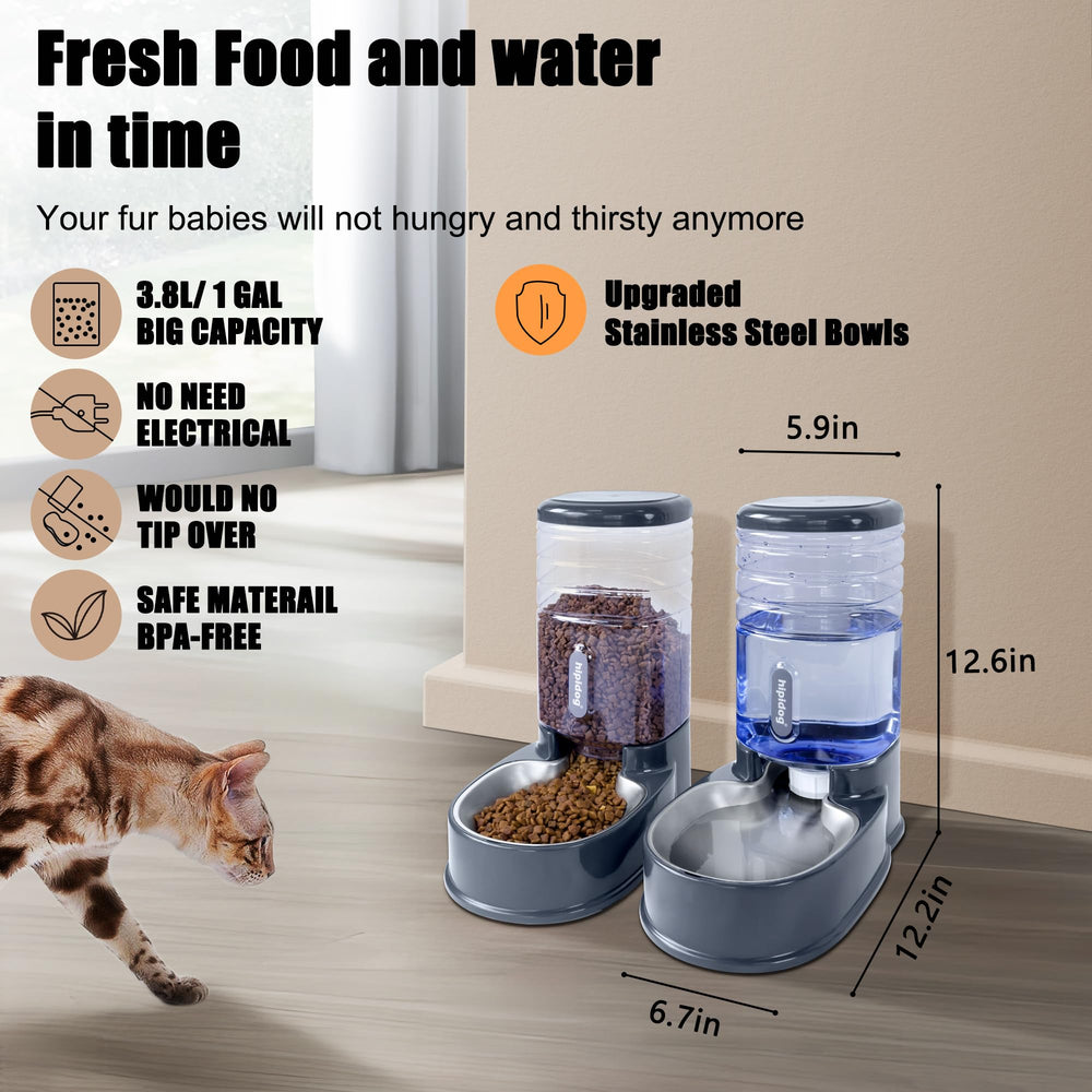 Hipidog gravity-feed cat feeder shows automatic feeding for indoors or outdoors.
