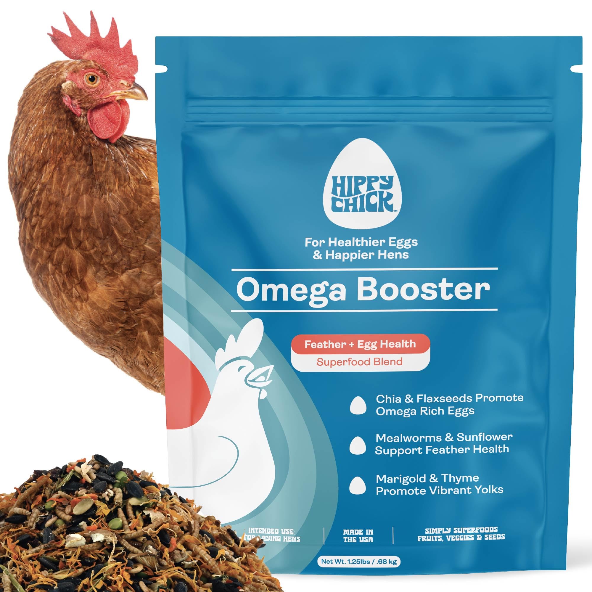 Hippy Chick Omega Booster seed blend in bowl boosts enrichment and egg nutrition