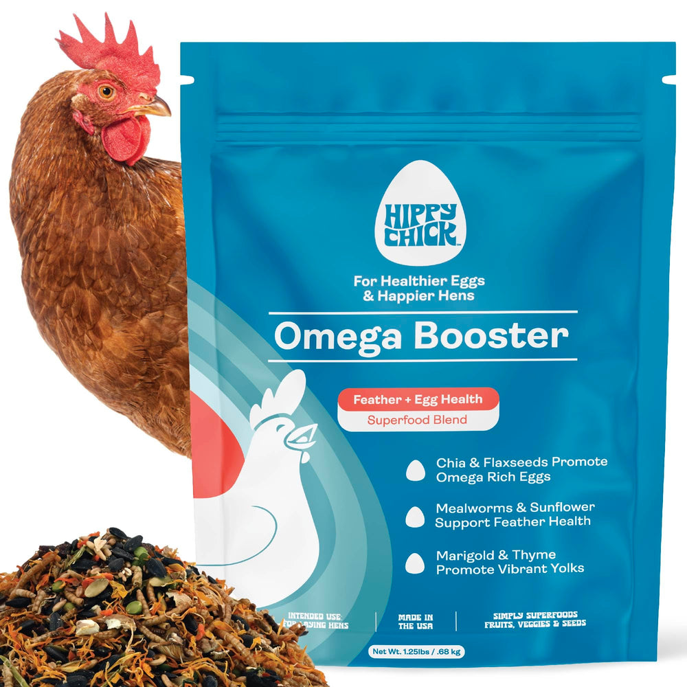 Hippy Chick Omega Booster seed blend in bowl boosts enrichment and egg nutrition
