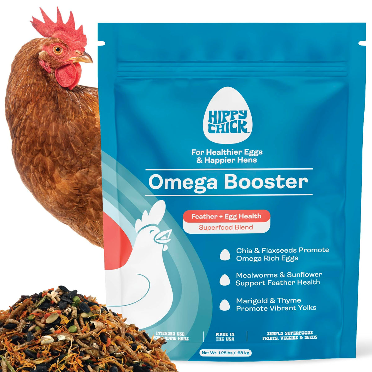 Hippy Chick Omega Booster seed blend in bowl boosts enrichment and egg nutrition