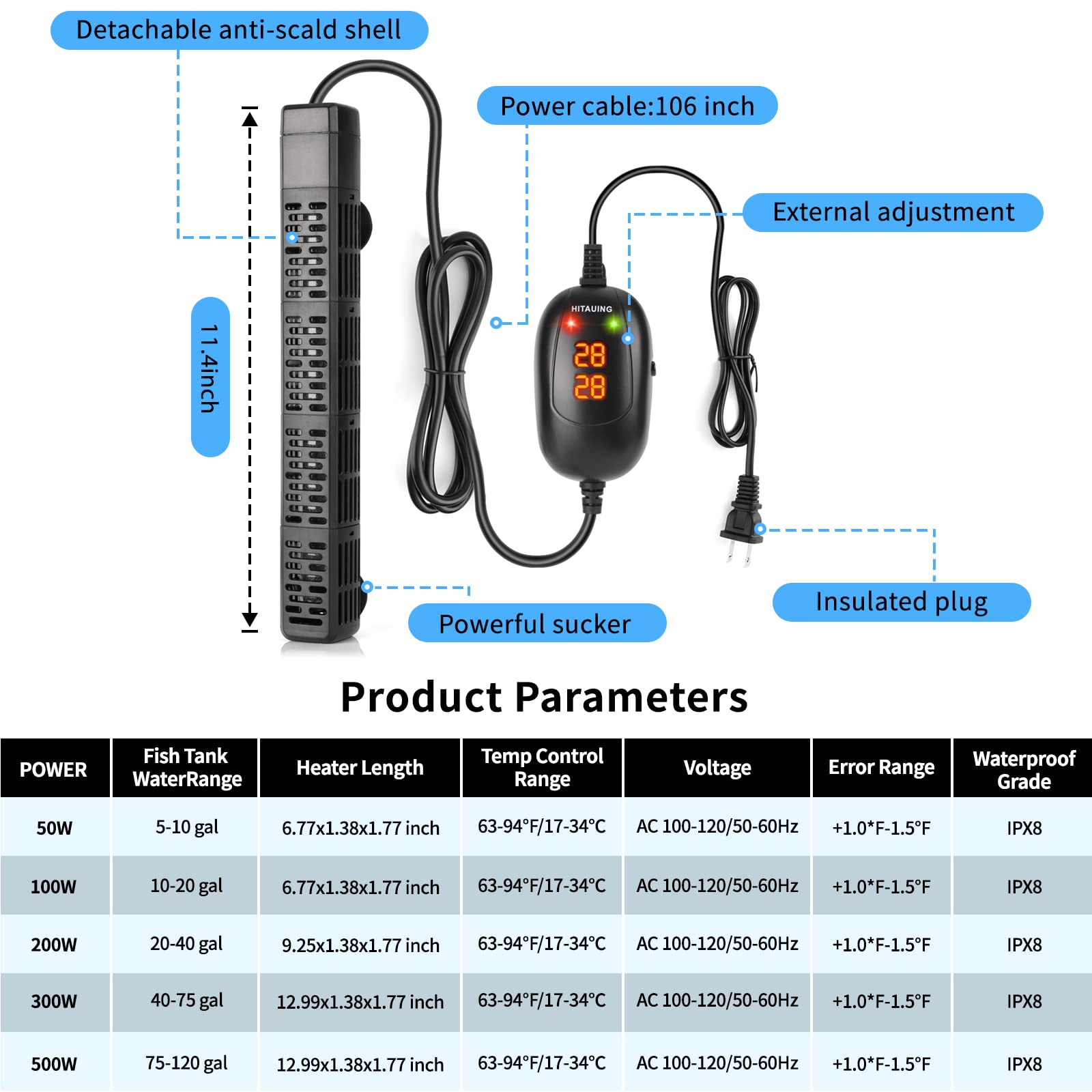 HiTauing heater includes reliable suction cups for secure, easy installation
