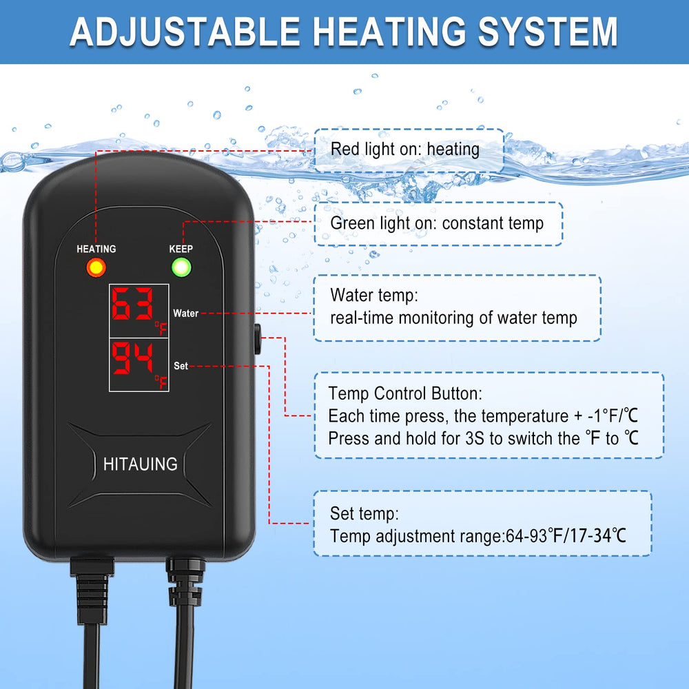HiTauing submersible heater includes two suction cups for secure placement.