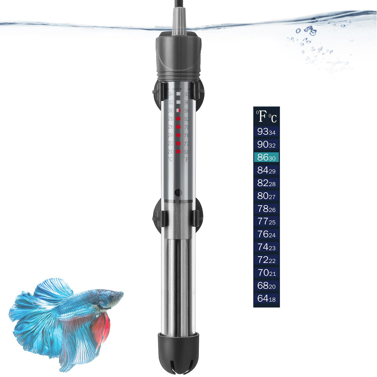HITOP 100W heater installed in tank with suction cups for secure placement