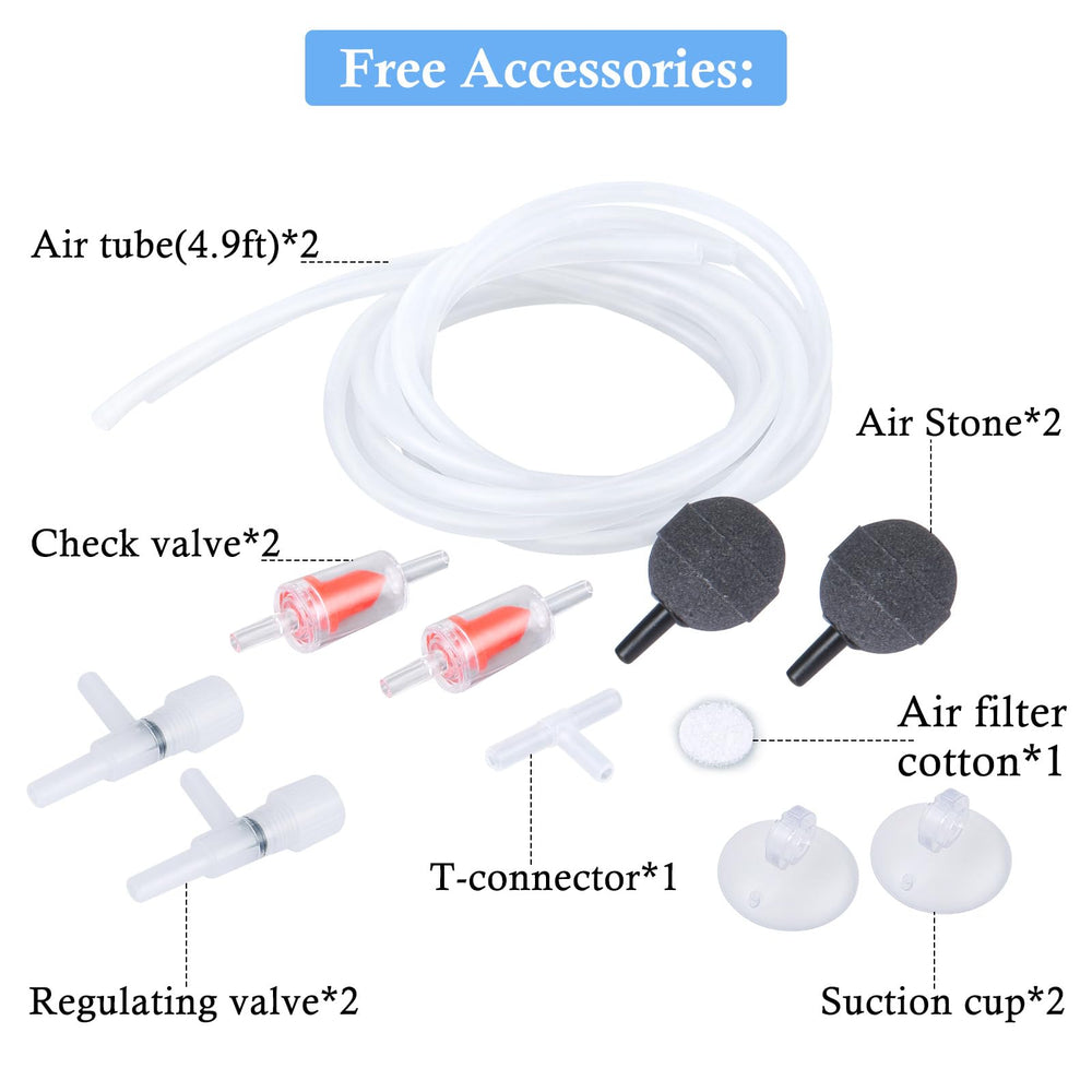 HITOP 3W aquarium air pump delivers steady airflow with adjustable volume for 20-100 gallon tanks.