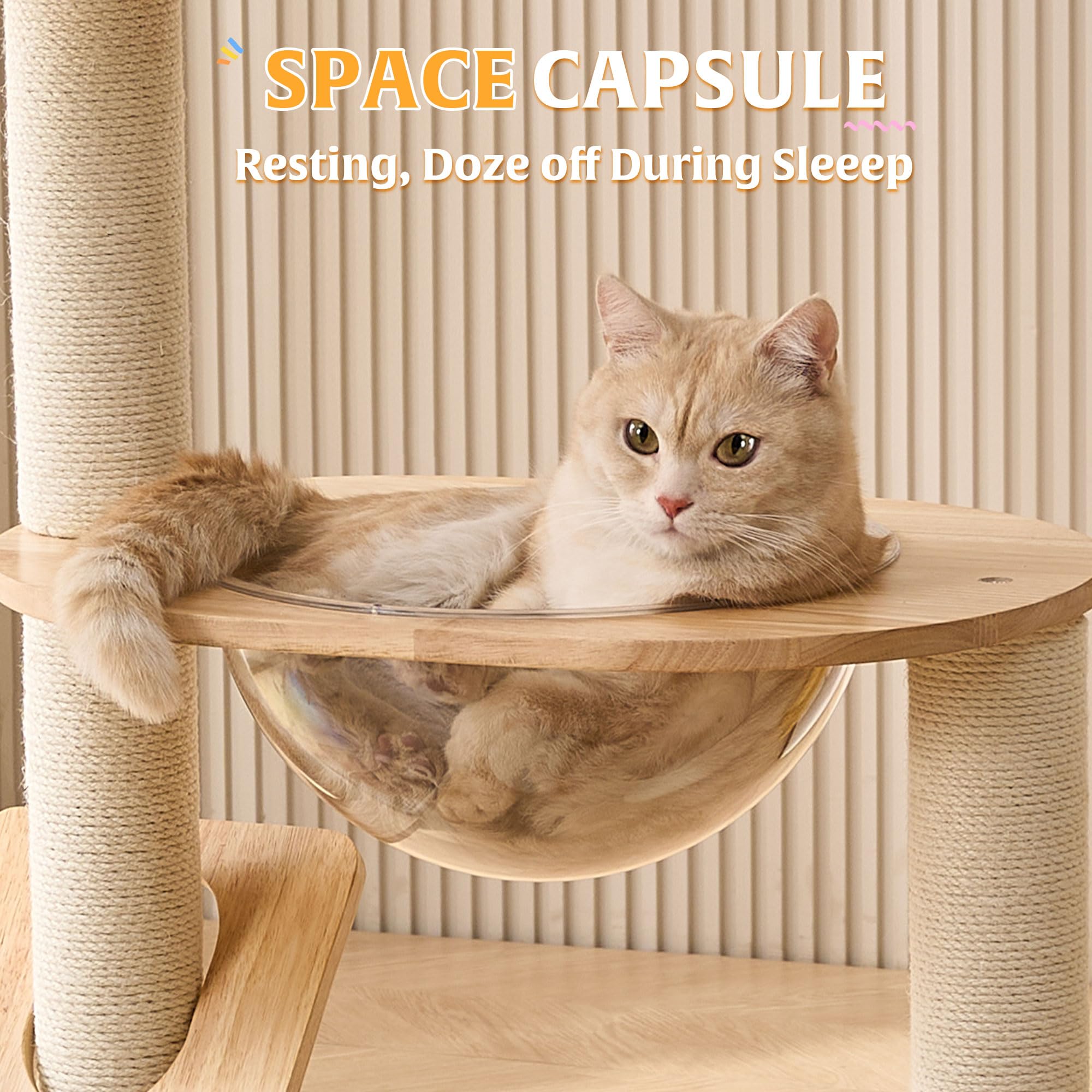 HITTITE cat tree includes hanging balls for interactive play.