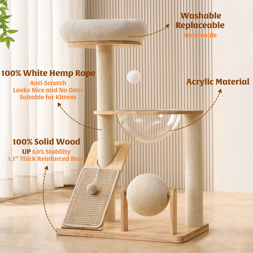HITTITE cat tree features space capsule top bed for naps.