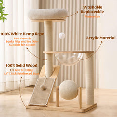 HITTITE cat tree features space capsule top bed for naps.