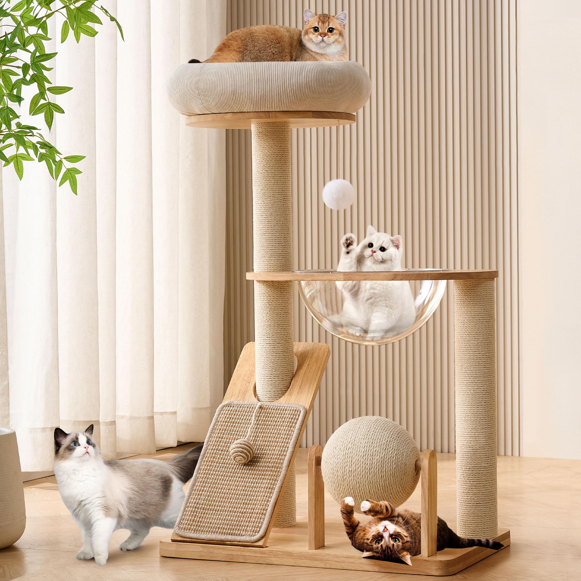 HITTITE cat tree tower 37.8 inches tall for indoor cats, solid wood construction.