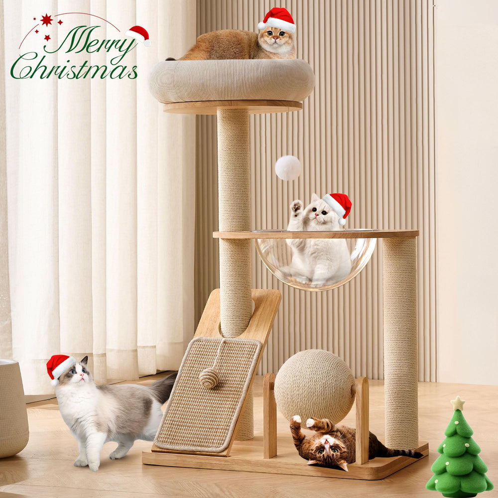 HITTITE solid wood cat tree with scratching post wrapped in sisal rope.