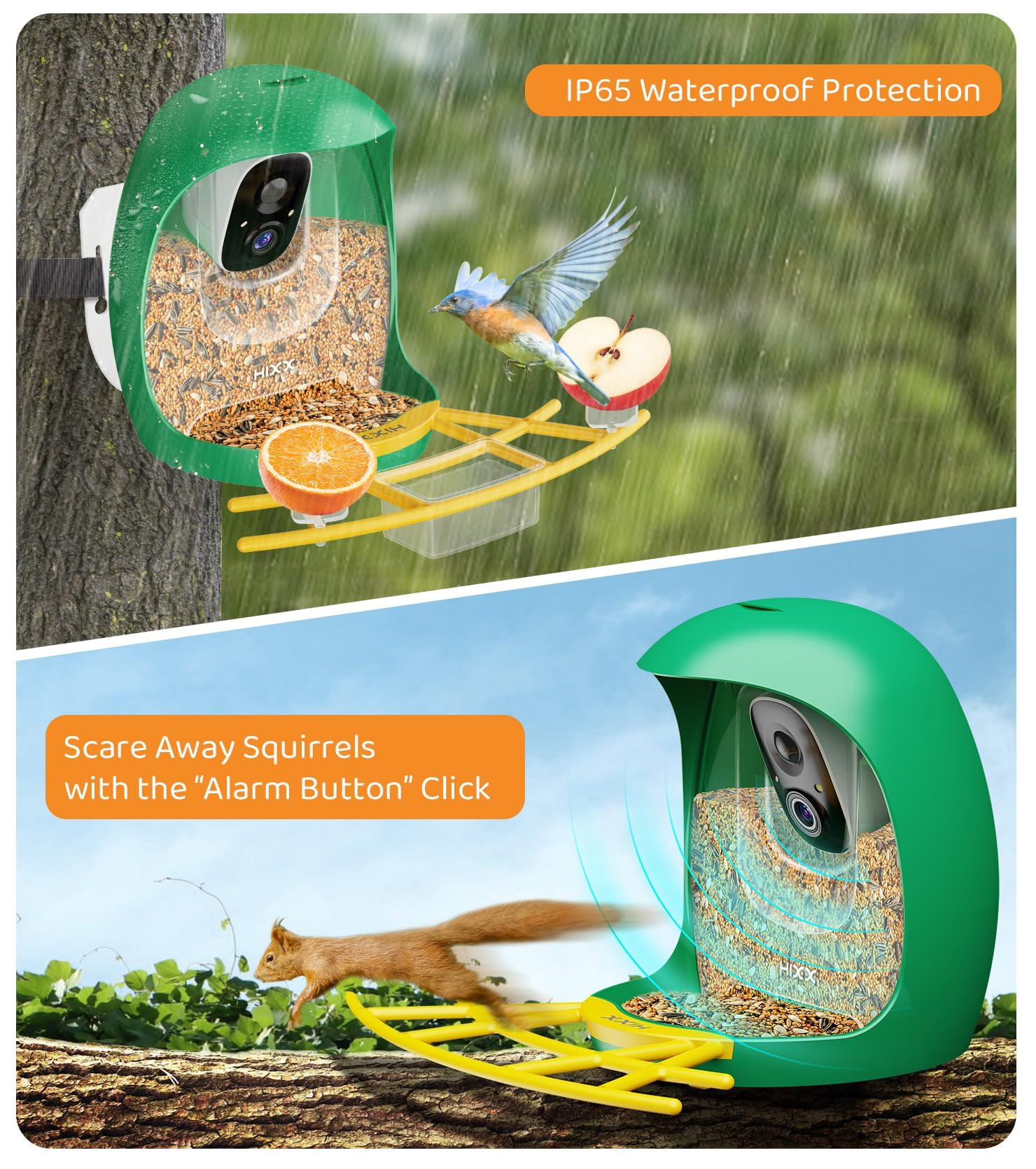 HIXX two-way audio deters squirrels while protecting visiting birds