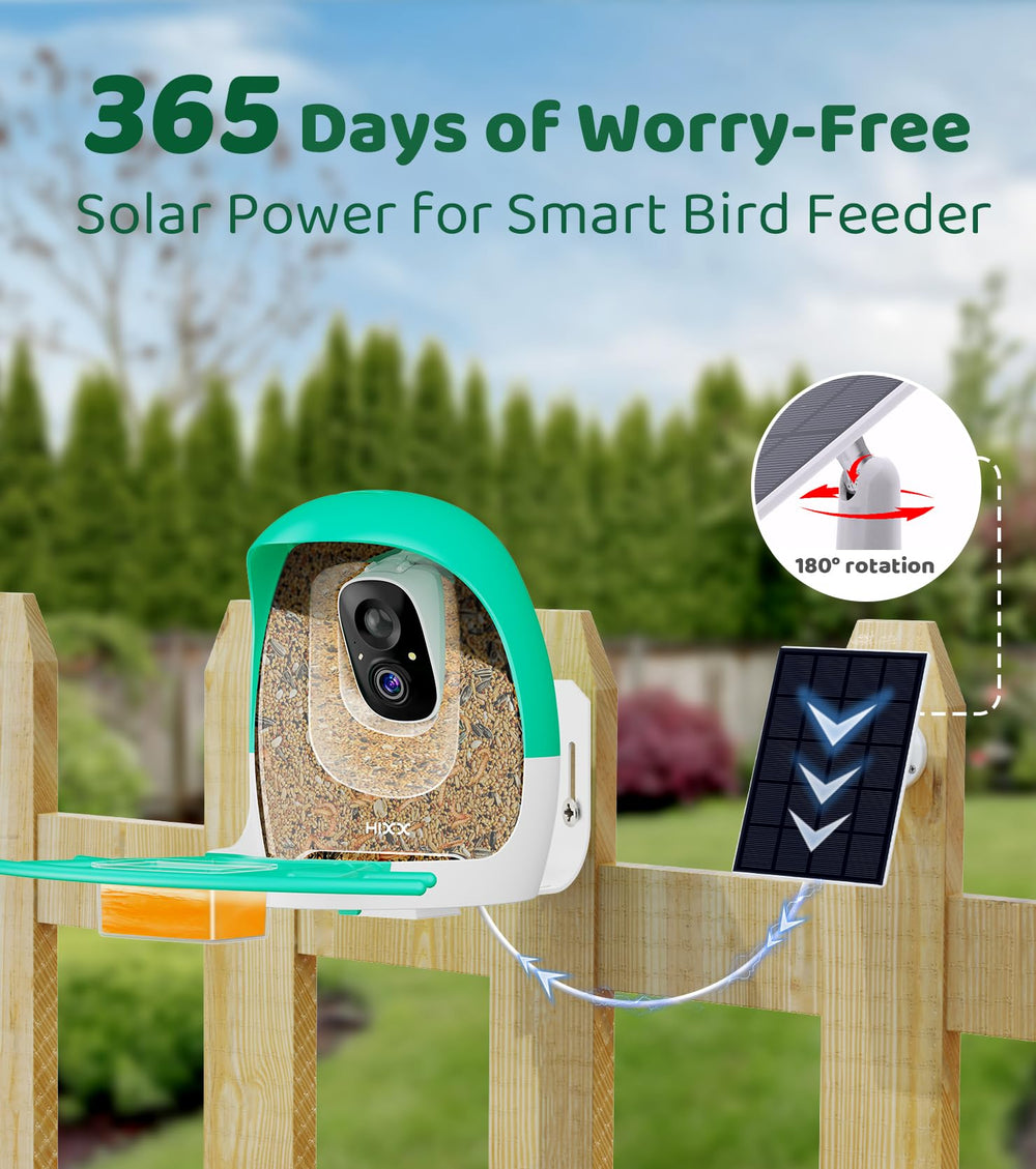 HIXX solar-powered feeder runs outdoors with long battery life and eco-friendly charging.