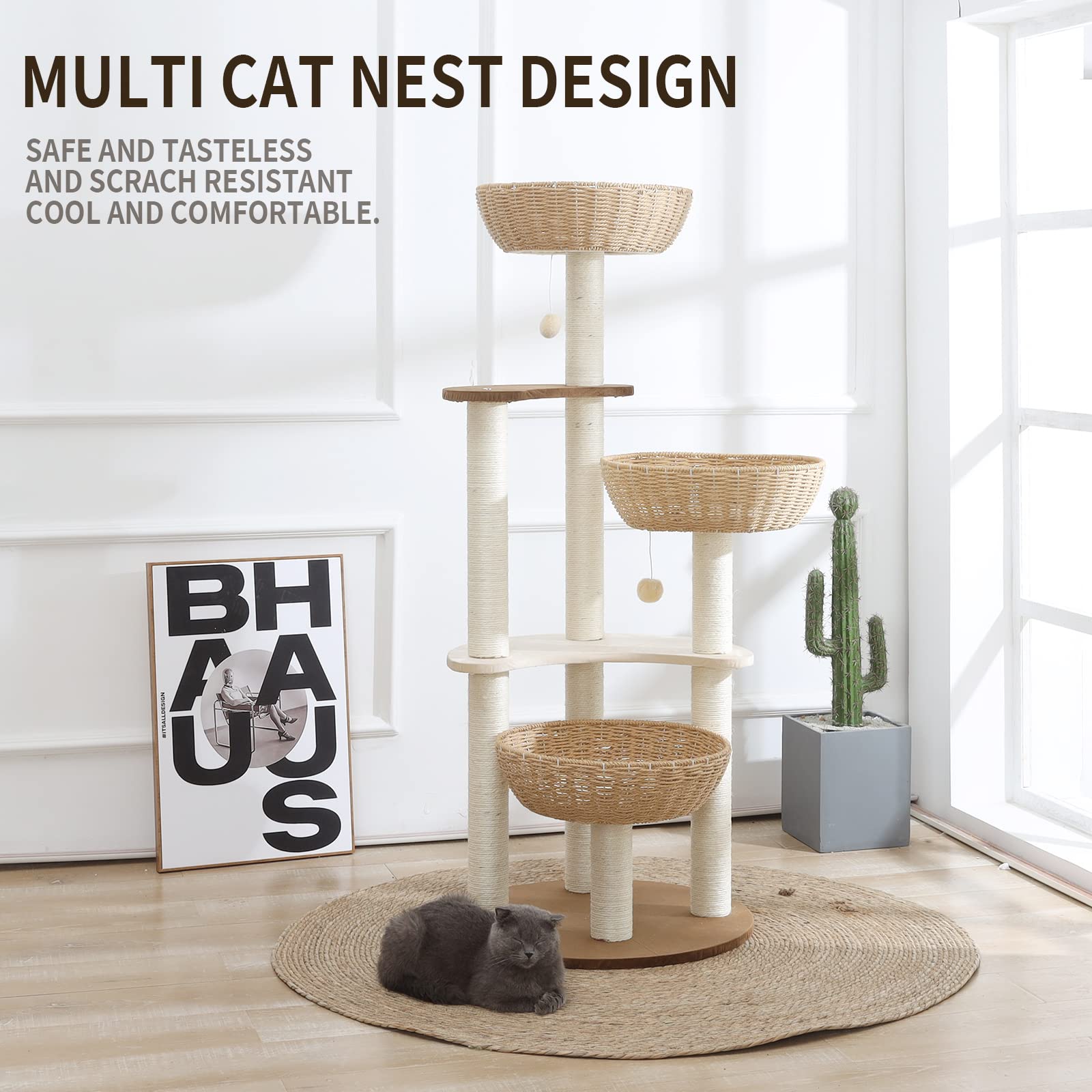 Hiyong cat tree left-side view highlights spacious platforms for lounging