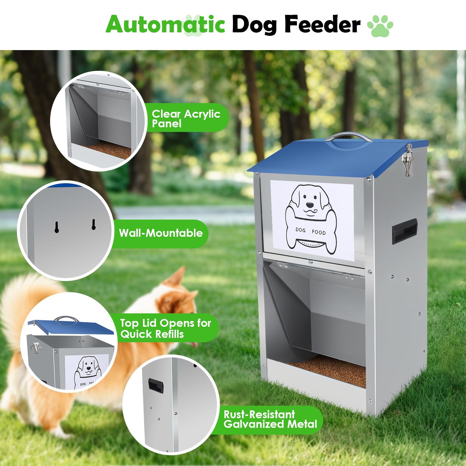 Hizmivos galvanized automatic dog feeder side-mount option shows flexible installation