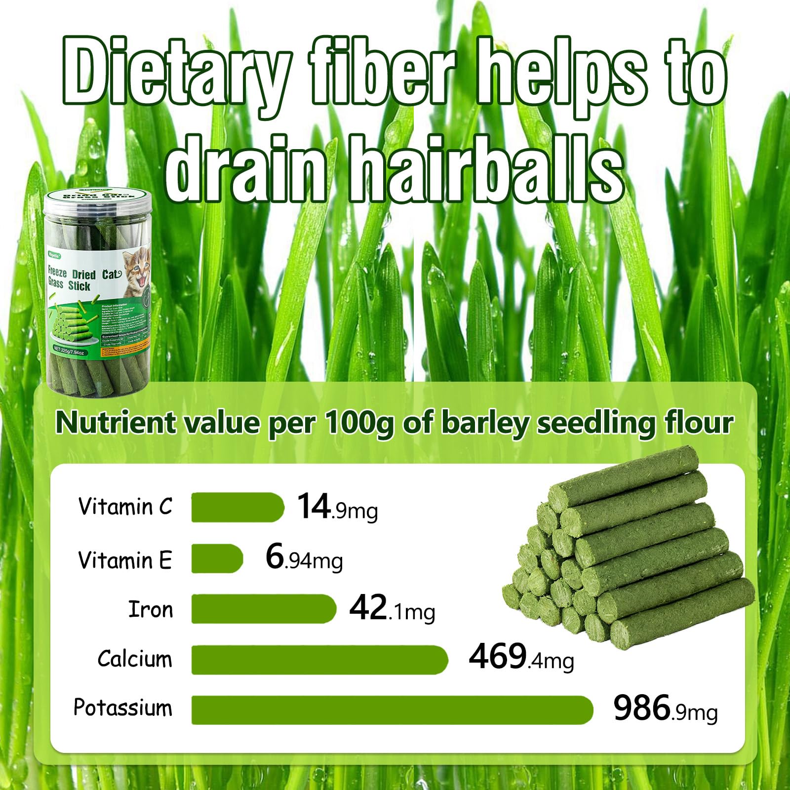 Hkpetie cat grass teething stick hairball aid visual suggests fiber supports hairball management