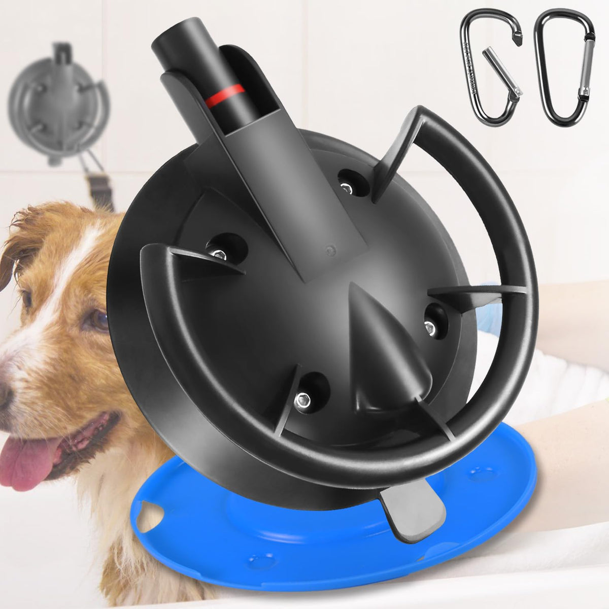 HLOGREE heavy-duty dog bathing suction cup mounted on tub for secure grooming.