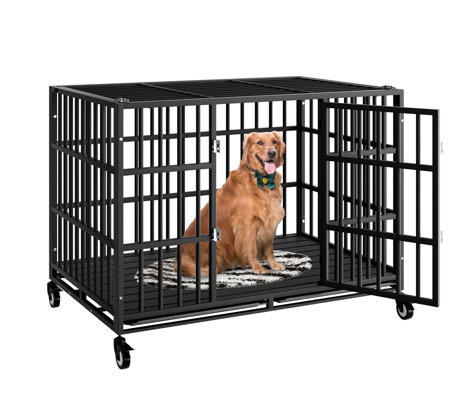 HMHTCT 48-inch heavy-duty dog crate wheels front view enables easy repositioning for large dogs