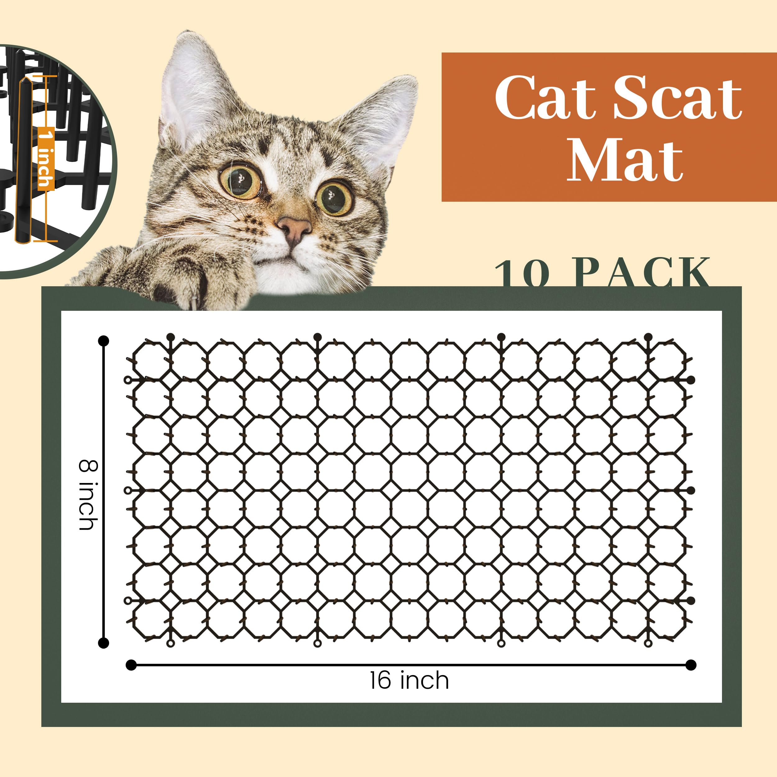 Hmyomina scat mat 16x8 dimensions shown for flexible placement indoors and outdoors.