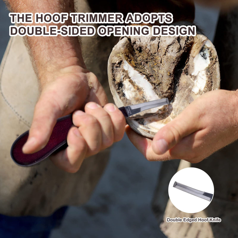 HNONPW hoof knife features a double-edged blade and wooden grip for leverage.