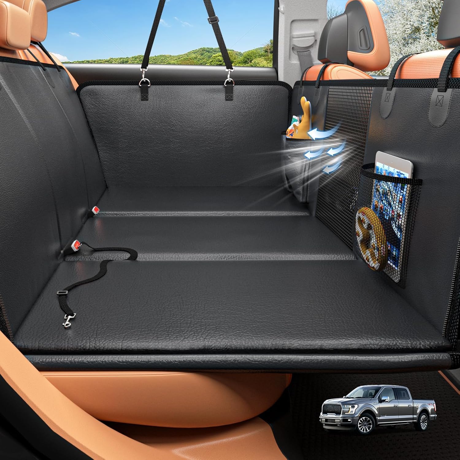 HOB4U back seat extender showing spacious 56x30 inch area for large dogs