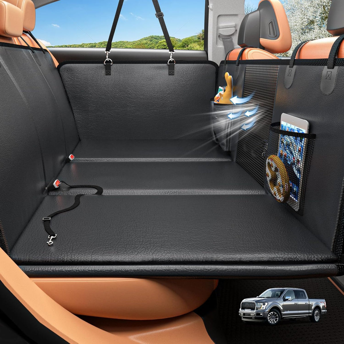 HOB4U back seat extender showing spacious 56x30 inch area for large dogs