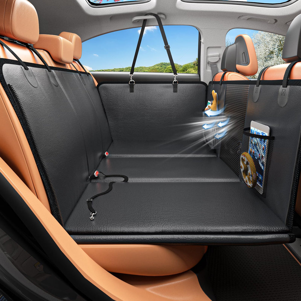 HOB4U back seat extender—spacious area for dogs, improving comfort on car trips.