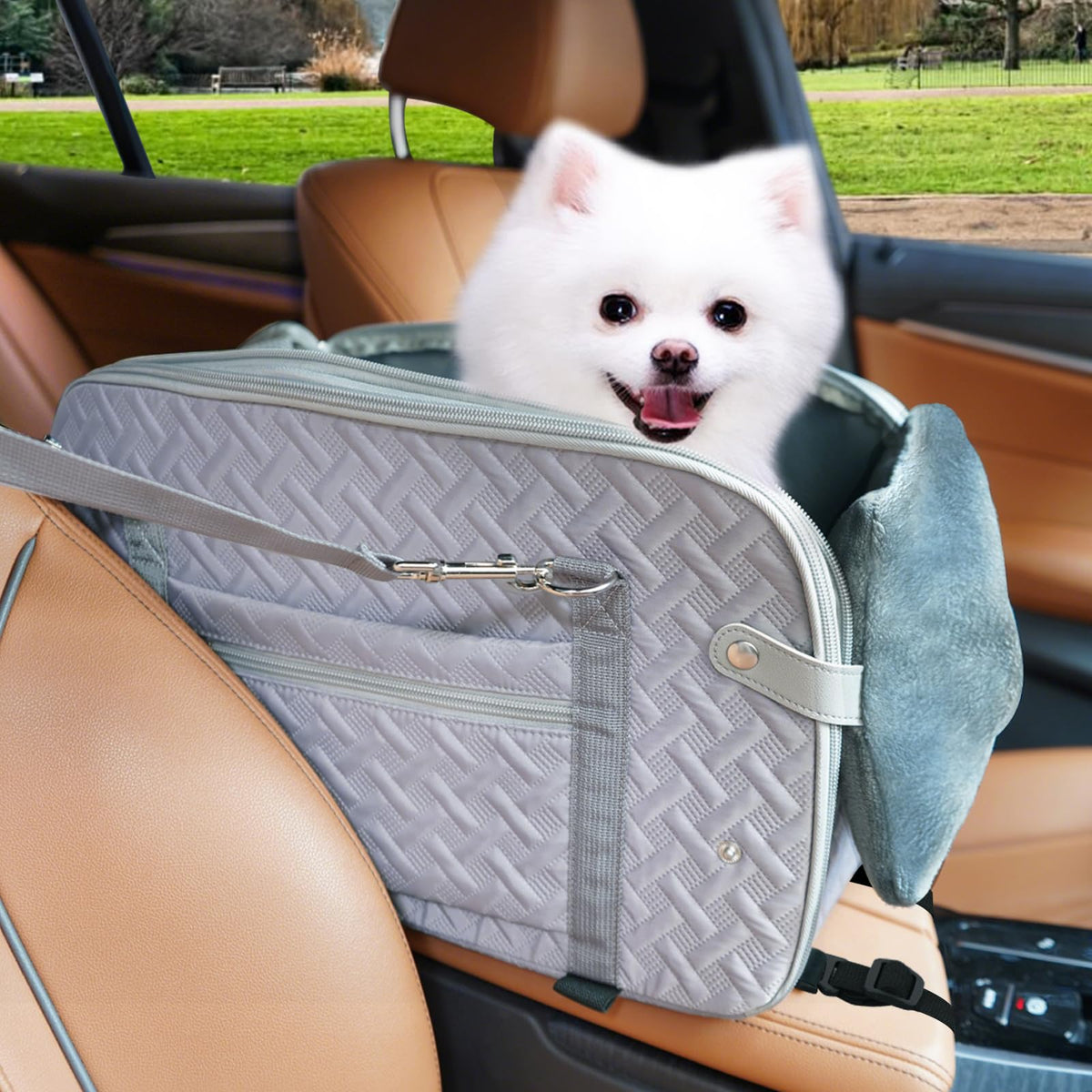 HOBBTREE center-console dog car seat showing safety hooks for secure travel with small dogs