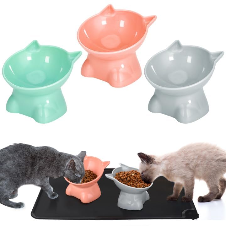 Hoemwarm elevated cat bowls blue-gray tilt for easy multi-cat dining