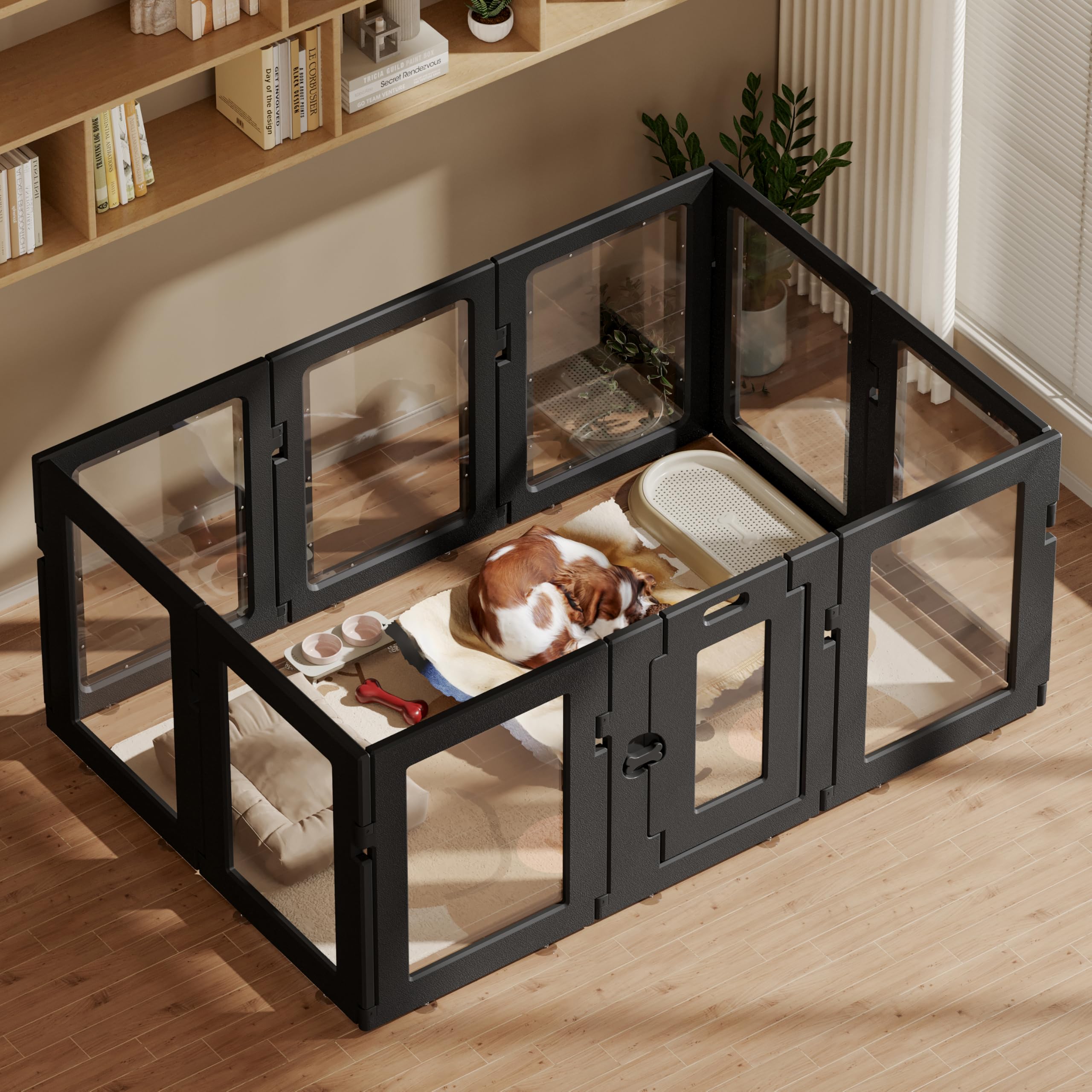 Hoencraft dog playpen door-lock illustrates secure entry for pets indoors.