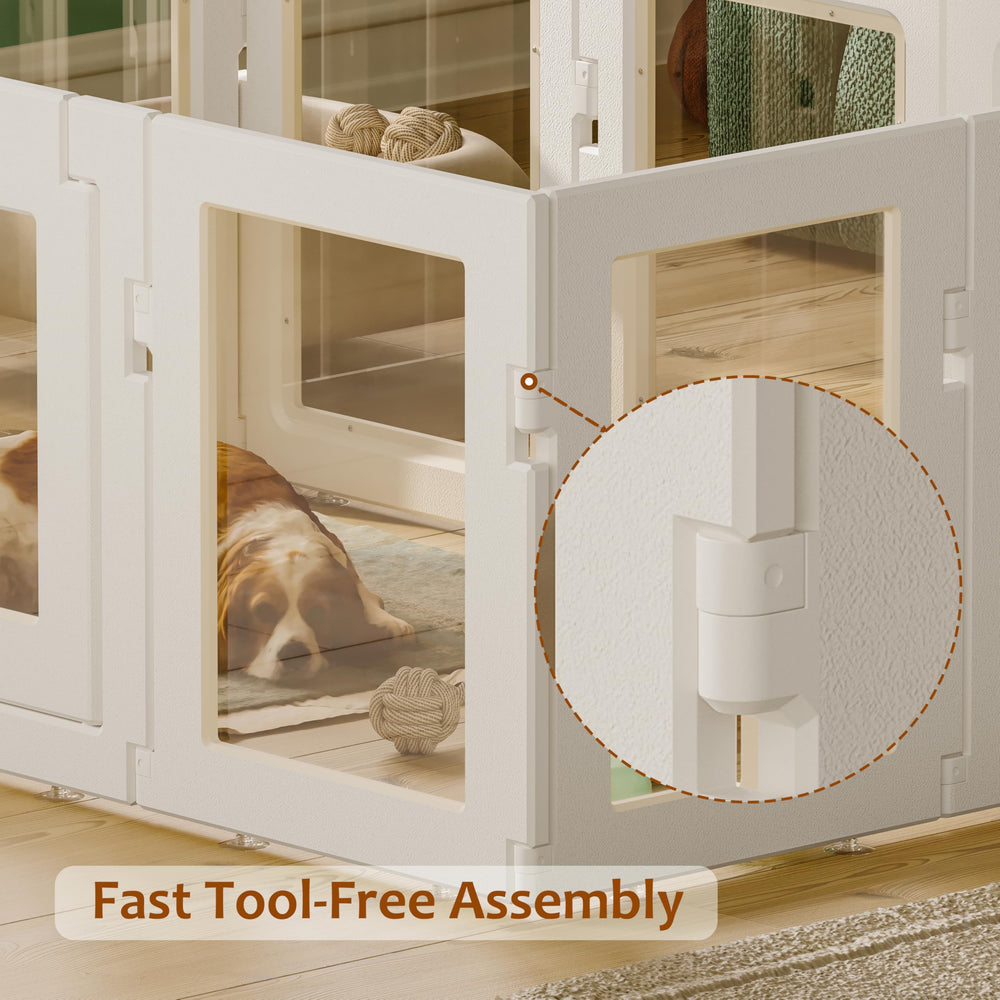 Hoencraft multi-zone pet enclosure supports separate eating, sleeping, and play areas