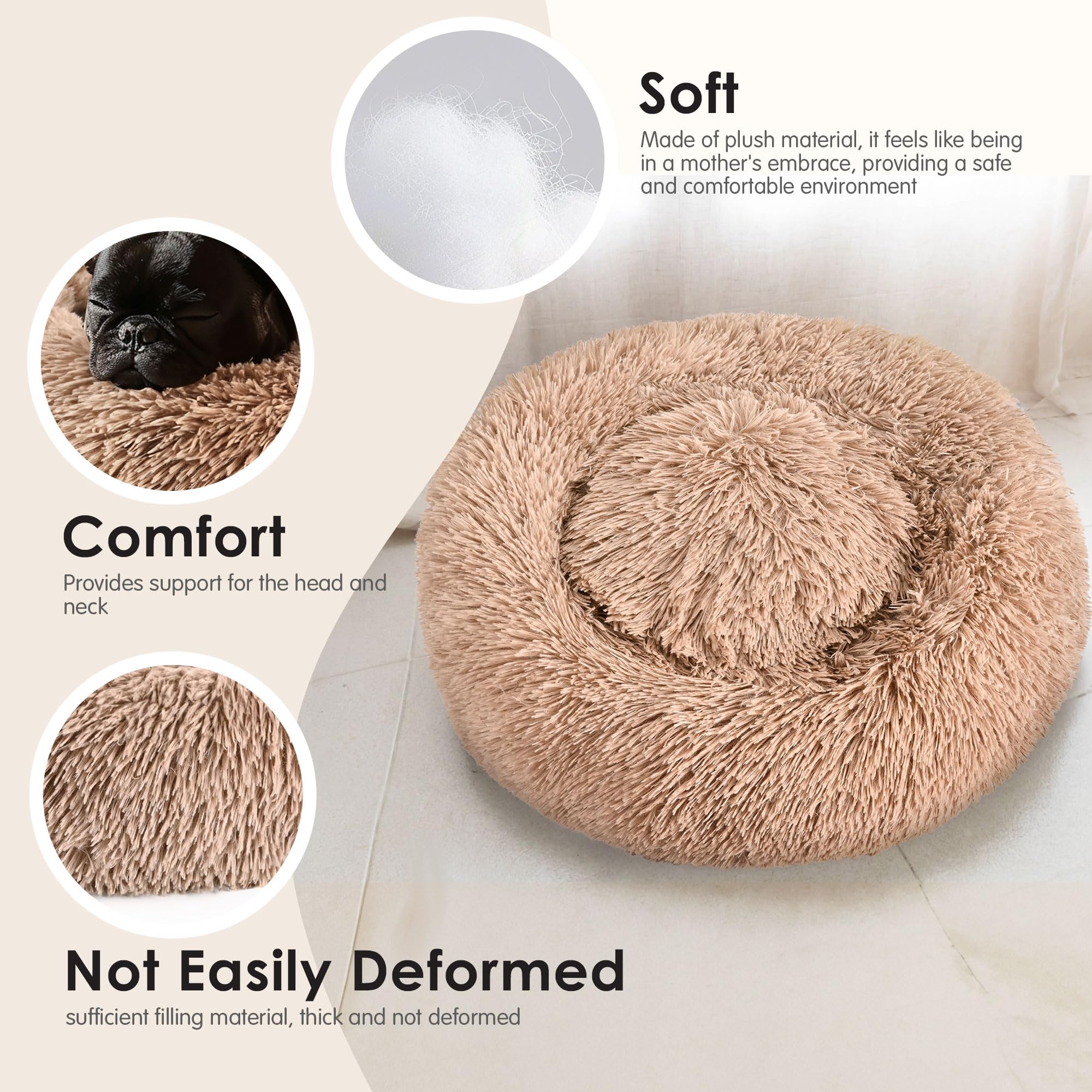 Hoewina camel donut bed anti-slip bottom helps keep bed in place on floors.