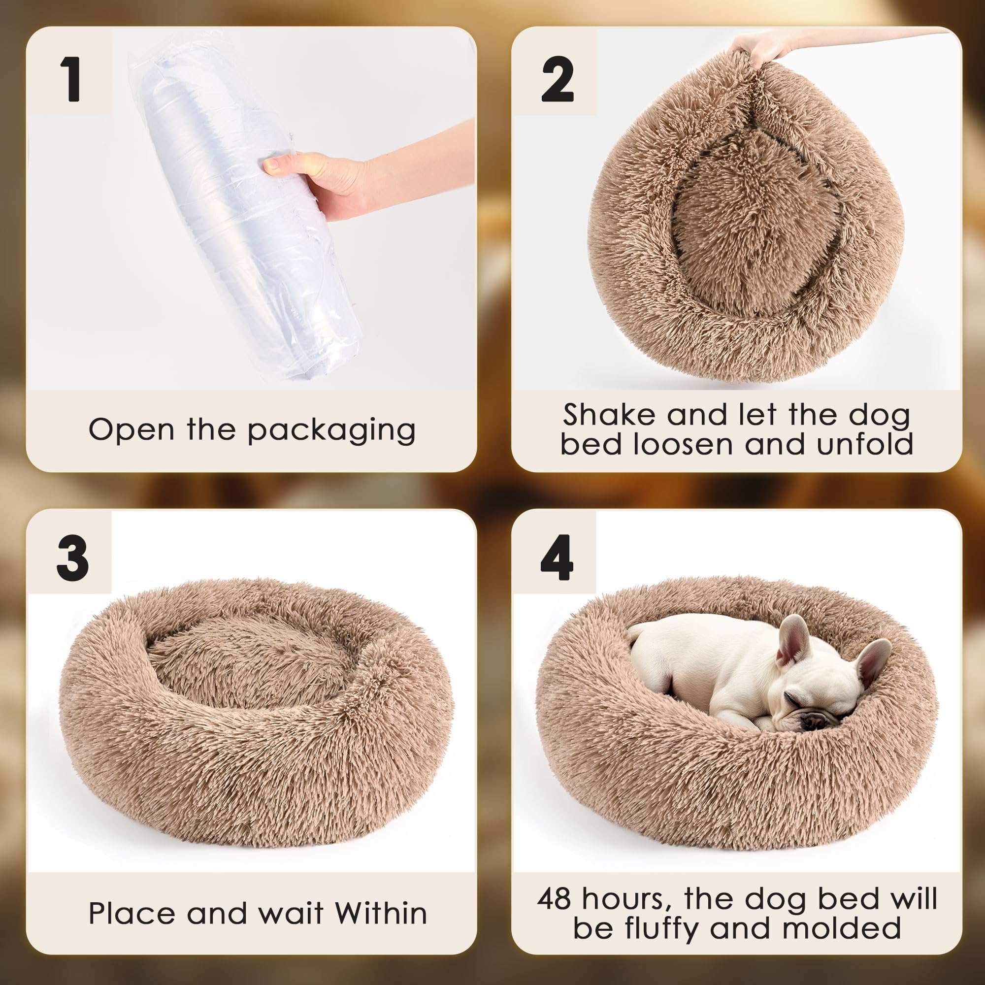 Hoewina camel donut bed in use with small pet enjoying secure cozy space.