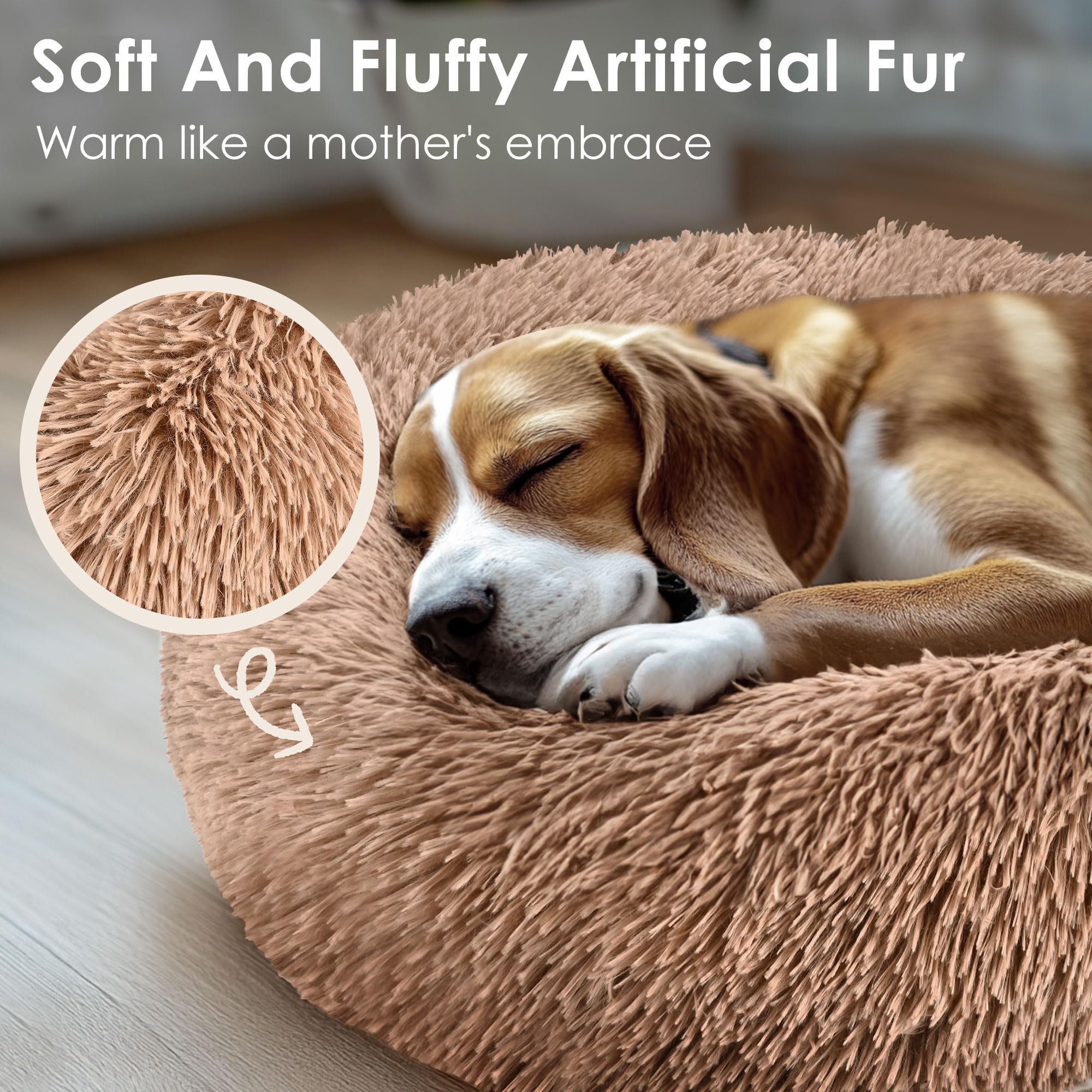 Hoewina camel donut bed plush close-up emphasizing soft fabric and comforting texture.